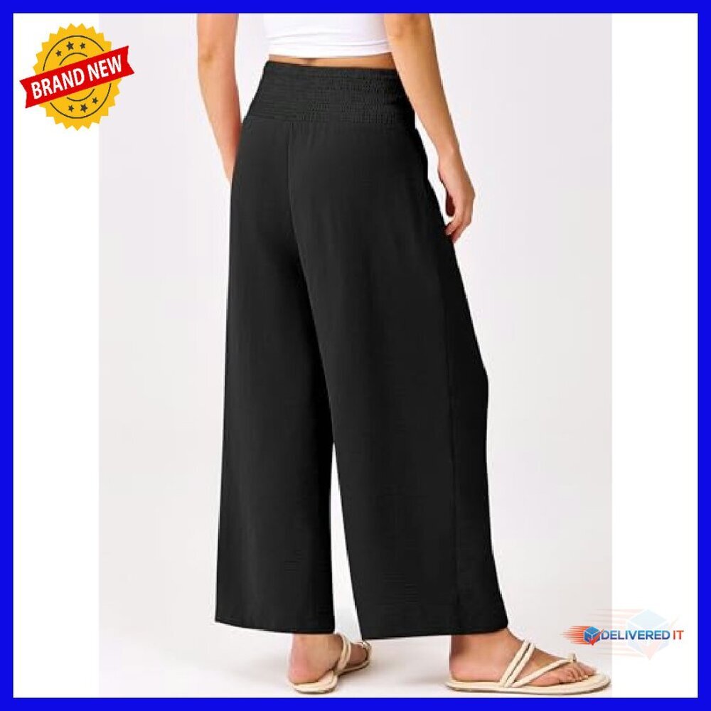 Wide Leg Palazzo Pants High Waisted Flowy Casual Trousers with Pockets - Picture 5 of 8